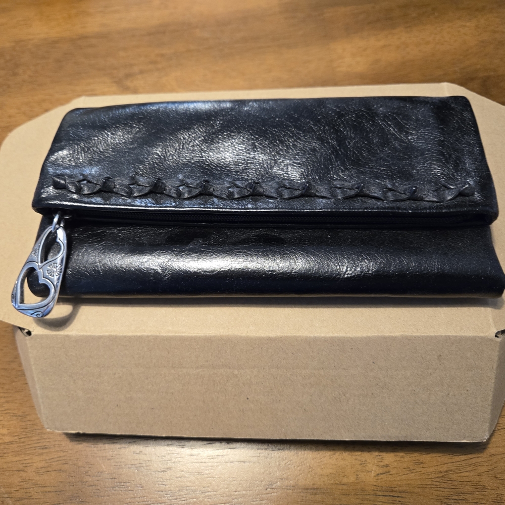 Black Leather Foldover Wallet with Heart Zipper